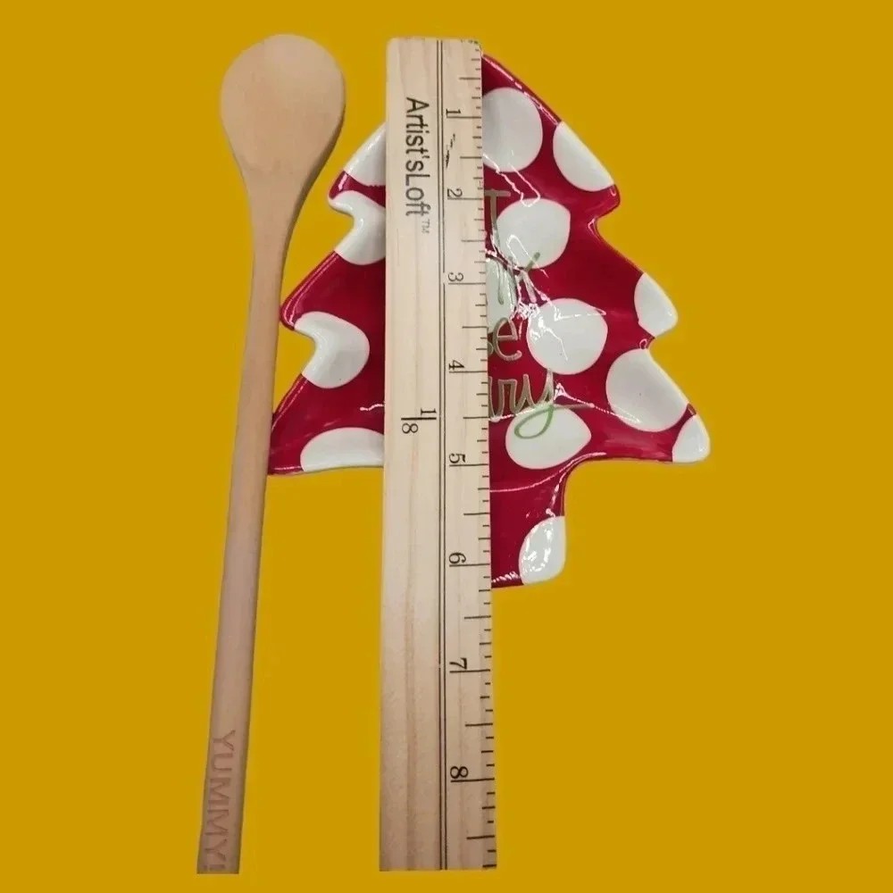 Stacy claire& christmas holy 2 spoon rest with wooden spoon red & wht